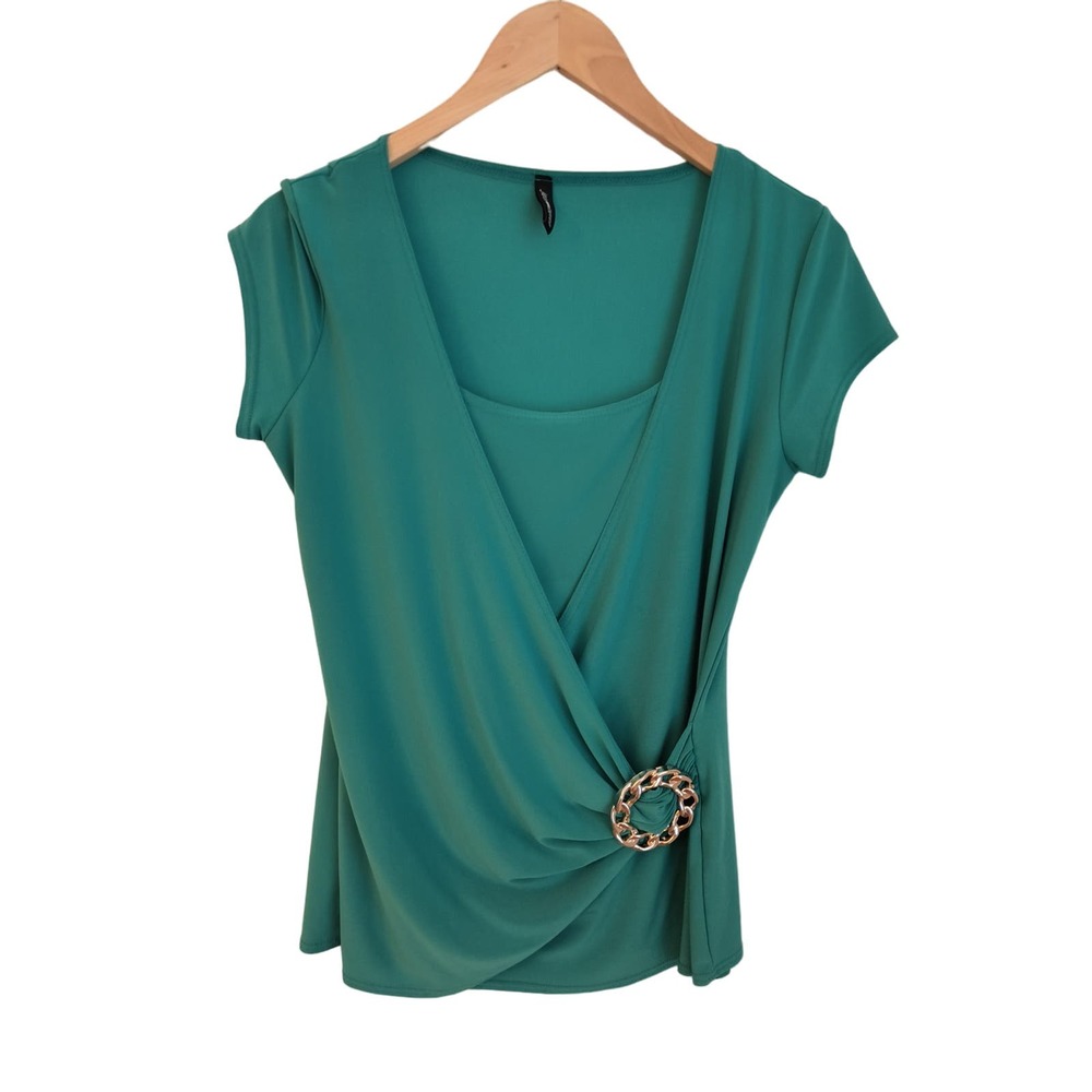 Jason Maxwell Blouse Women's Size L Teal Short Sleeve Faux Wrap Pullover Top